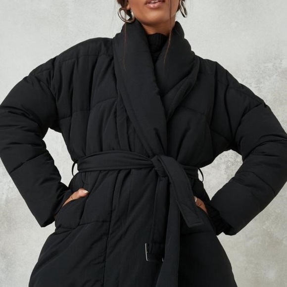 Black long shawl puffer  jacket - Picture 4 of 7